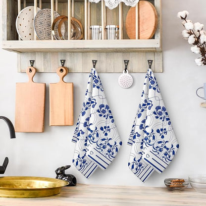 Boho Floral Dish Towels Set of 2 Absorbent Decorative Kitchen Towels, Blue