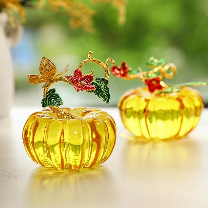 HDCRYSTALGIFTS 2.5inch Glass Pumpkin Figurines Collectibles Table Accent for Fall & Harvest, Hand Blown Glass Pumpkin Art Decorations for Home Thanksgiving