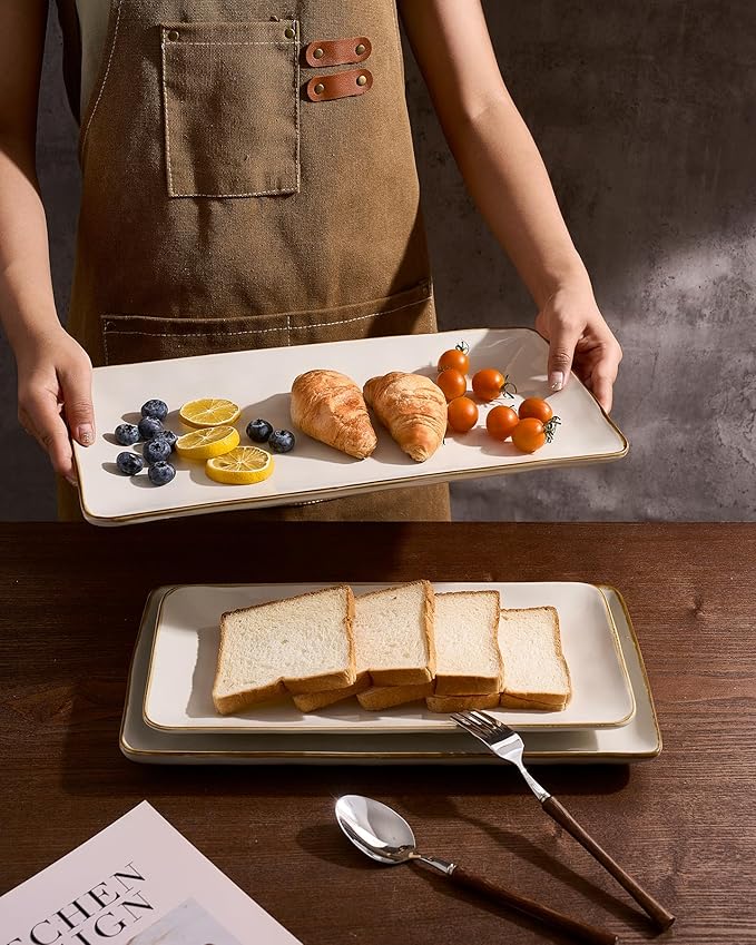 famiware Serving Platter, Rectangular 15.67/14.1/12.6inch Serving Dishes for Entertaining, Dishwasher Safe, Stoneware for Party, Food, Turkey, Snack, Cheese, Reactive Glaze, Matte White