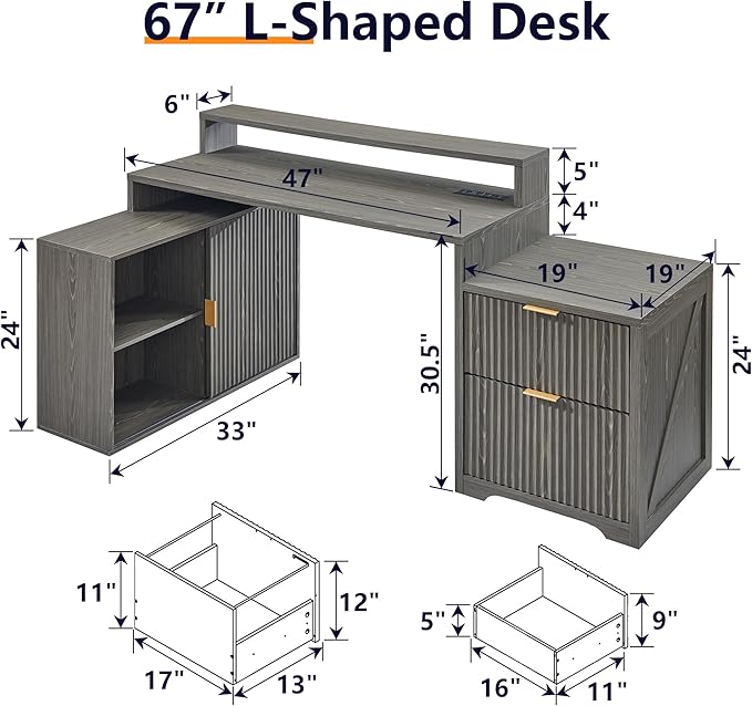 JXQTLINGMU 67" Modern L Shaped Desk with Storage Cabinet & Drawers, Wood Home Office Desk with Power Outlets, Fluted Computer Writing Desk, Grayish Green