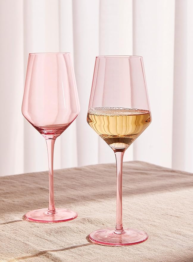 Physkoa Pink Wine Glasses Set of 6-15oz Hand Blown Crystal Colored Wine Glasses with Long Stem, Wedding, Birthday, Christmas Valentines Day Glassware Gifts for Lovers