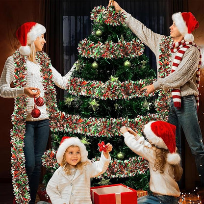 50Ft Christmas Tinsel Garland - Red Green Silver Shiny Metallic Twist Decor for Christmas Tree Home Stairs Railing Front Door Mantle Fireplace Indoor Outdoor Holiday Party