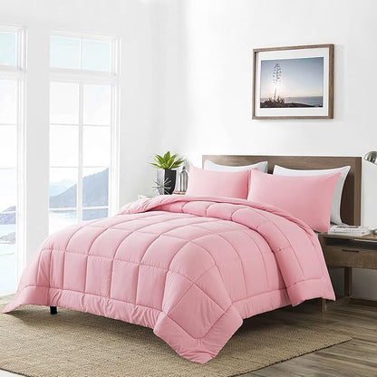 DOWNCOOL King Size Comforter Set -All Season Bedding Comforters Sets with 2 Pillow Cases -3 Pieces Bed Set Down Alternative King Bedding Set -Pink King Comforter Set(102"x90")