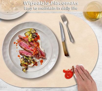 ADRIMER Placemats, Heat Resistant Oval Placemats Set of 8 Washable 12 x 17 Inch, Waterproof Table Mats, Wipeable Pu Place Mats for Kitchen, Dining Room, Beige