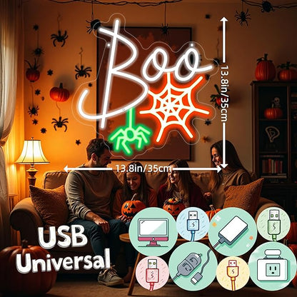 Boo Neon Sign Ghost Neon Light Lets Get Spooky Neon Light Halloween Home Decor Light, Orange White BOO Bat Neon Sign for Trick or Treat Party Backdrop Bedroom Club Bar Festival Gift