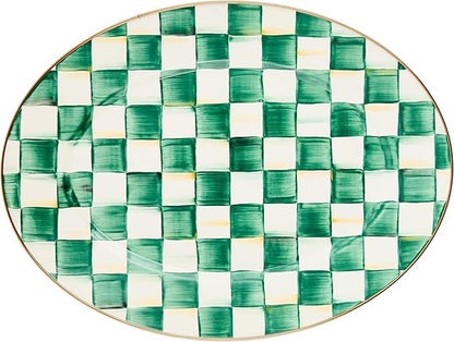 MACKENZIE-CHILDS Enamel Oval Platter, Serving Plate for Entertaining, Medium, Green-and-White Emerald Check