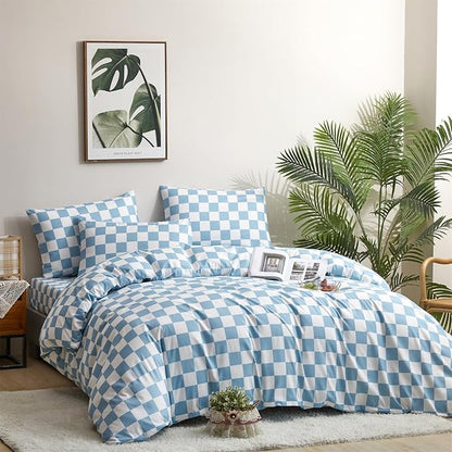 CLOTHKNOW Blue White Plaid Queen Comforter Set Grid Bedding Comforter Sets All Season Light Blue Comforter Checker Queen Size Comforter Sets