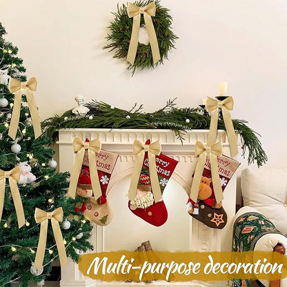 AYGXU 24pcs Christmas Bows Decor,Champagne Gold Bows for Gift Wrapping,Christmas Tree Decorations,Bow Decor,Double-Sided Ribbon Bow,Bag Ties Twists