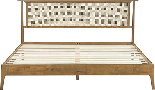 NTC Ruby Wooden Bed Frame with Headboard, Solid Wood Foundation with Silent Slats and Wood Central Supports, 1000 Lb Capacity, Effortless Assembly, Multiple Sizes and Colors (Teak Look, King)