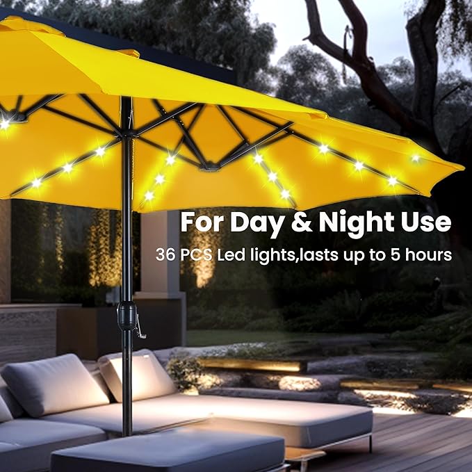 PHI VILLA 15ft Large Patio Umbrella with Solar Lights, Double-Sided Outdoor Market Rectangle Umbrellas with 36 LED Lights, Umbrella Base (Stand) Included, Golden Yellow