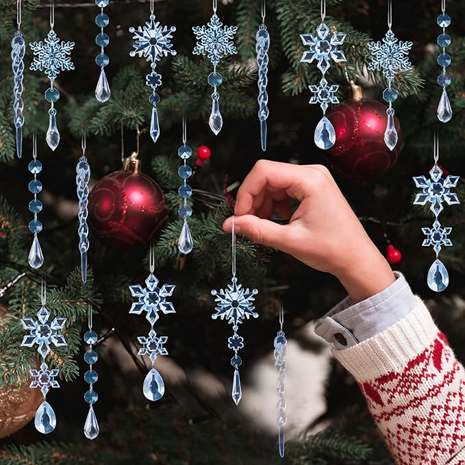32pcs Crystal Christmas Ornaments for Christmas Tree Decorations-Blue Hanging Acrylic Snowflake and Icicle Ornaments with Drop Pendants for Xmas Winter Wonderland New Year Party Decorations Supplies