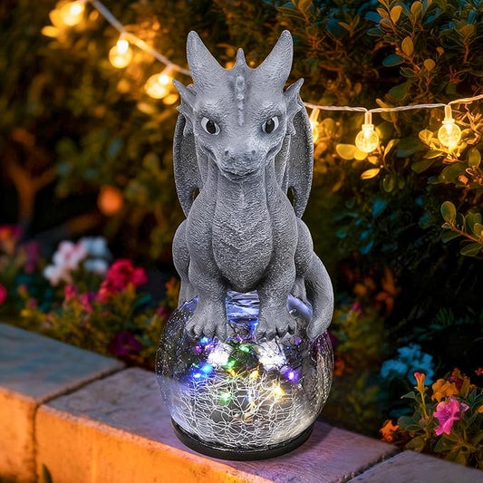 Baby Dragon Solar Garden Statue with Crackle Glass Globe Light - Whimsical Outdoor Fantasy Decor - Colorful LED Yard Ornament - Birthday for Dragon Lovers Kids Mom Grandma