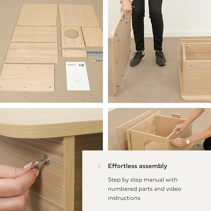 WERMO 12'' Cat Hideaway Side Table - Cat House for Indoor Cats and Enclosed Bed Cave and Hideout for Small Pets with Magazine Holder & Storage Doubling as Narrow End Table, Wood Night Stand (Oak)