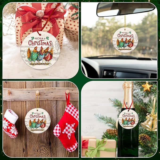 OASSIE Chicken Ornaments for Christmas Tree - Ceramic Christmas Ornaments 2025 - Chicken Ornaments for Xmas Tree, Rustic Home Decor, Rooster Gifts for Women Men Family Friends