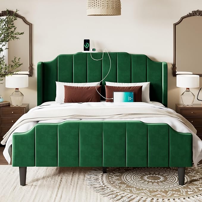 Allewie Vintage Queen Size Velvet Platform Bed Frame with Curved Vertical Tufted Wingback Headboard and Footboard, Charging Station, Easy Assembly, Under Bed Storage, No Box Spring Required, Green