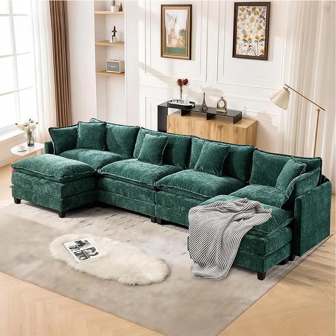SoarFlash 143.2" Chenille Sectional Sofa, Comfy U Shaped Modular Coush Sofa with Ottoman, Modern 4 Seat Couch Deep Seat Sofa Set for Living Room,Green