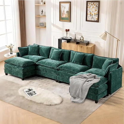 SoarFlash 143.2" Chenille Sectional Sofa, Comfy U Shaped Modular Coush Sofa with Ottoman, Modern 4 Seat Couch Deep Seat Sofa Set for Living Room,Green