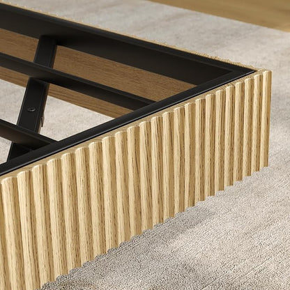 Tatub Natural Full Floating Bed Frame with LED Lights, Modern Fluted Oak Platform Bed Frame Floating, Heavy Duty Metal Slats, No Box Spring Required