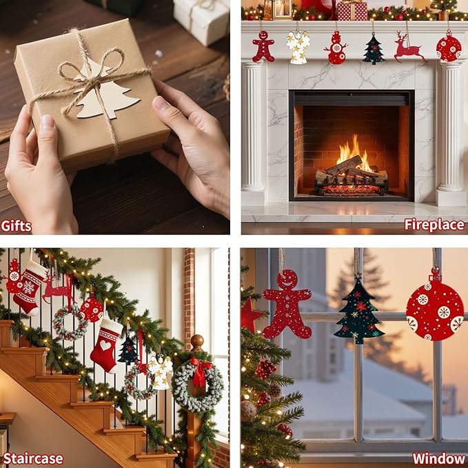 MACTING 30PCS Wooden Christmas Ornaments Unfinished Predrilled Natural Wood Slices DIY Blank Hanging Ornaments Kit for Crafts Centerpieces Christmas Tree Decorations, 6 Styles