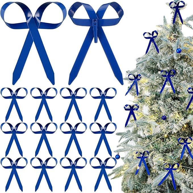 12 Pcs 2025 Metal Christmas Bow Ornaments for Christmas Tree Garland Wreath Bulk Bow with Clip Ornament Vintage Indoor Outdoor Home Xmas Party Decorations, 4 x 5 Inches (Blue)