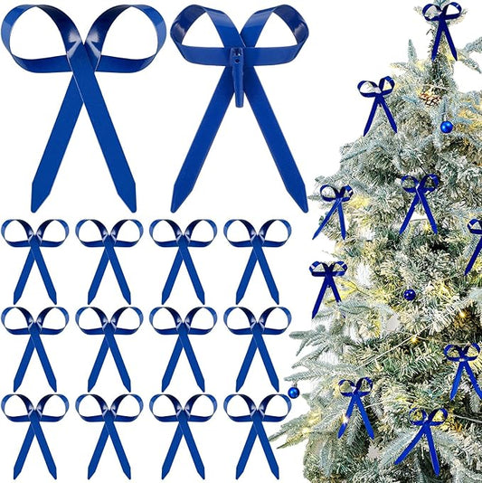 12 Pcs 2025 Metal Christmas Bow Ornaments for Christmas Tree Garland Wreath Bulk Bow with Clip Ornament Vintage Indoor Outdoor Home Xmas Party Decorations, 4 x 5 Inches (Blue)
