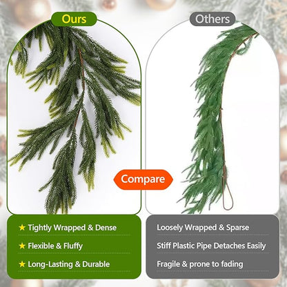 Sherika 2PCS 6 FT Artificial Norfolk Pine Garlands,Real Touch Gradient Chirsmas Garland, Faux Pine Garland for Indoor Chrismas Decoration Table DIY Wall Decor