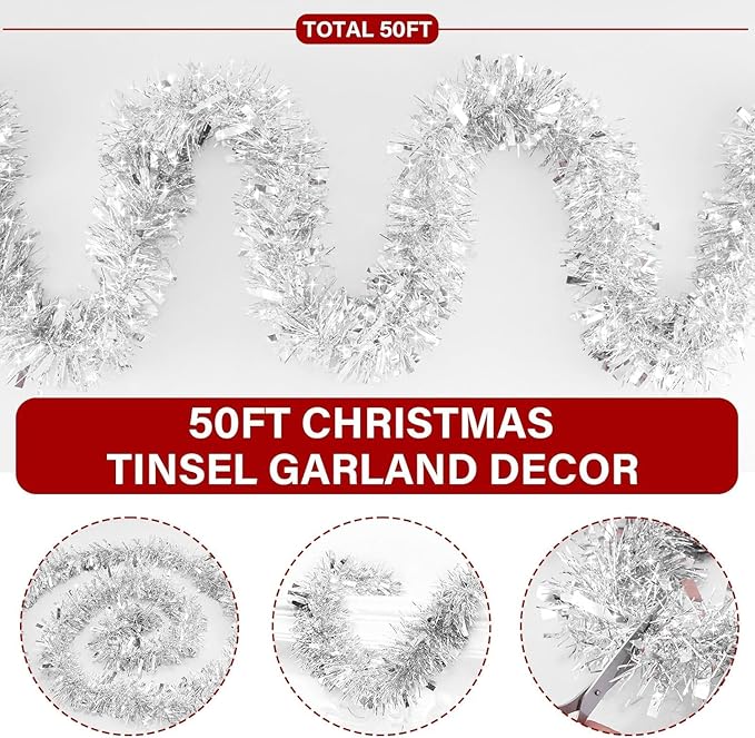 50 Feet Silver Metallic Twist Shiny Garland for Christmas Tree Decorations, Xmas Hanging Decor for Home Mantle Indoor Outdoor Holiday Party Supplies
