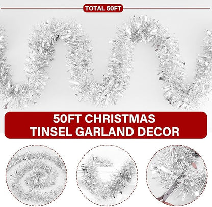 50 Feet Silver Metallic Twist Shiny Garland for Christmas Tree Decorations, Xmas Hanging Decor for Home Mantle Indoor Outdoor Holiday Party Supplies