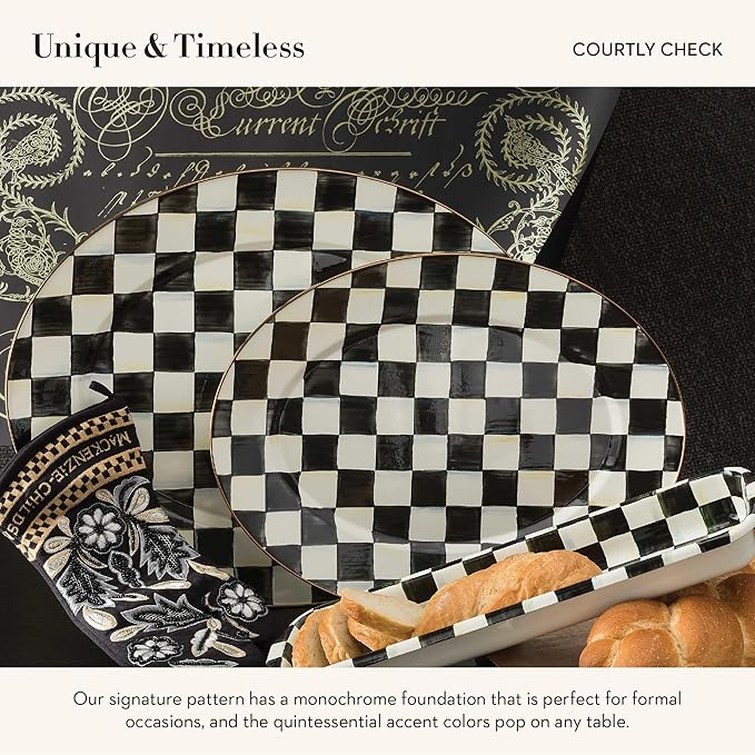 MACKENZIE-CHILDS Enamel Oval Platter, Serving Plate for Entertaining, Small, Black-and-White Courtly Check