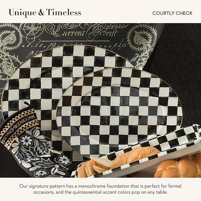 MACKENZIE-CHILDS Enamel Oval Platter, Serving Plate for Entertaining, Small, Black-and-White Courtly Check