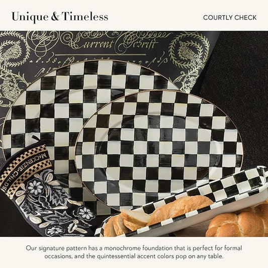 MACKENZIE-CHILDS Enamel Oval Platter, Serving Plate for Entertaining, Small, Black-and-White Courtly Check