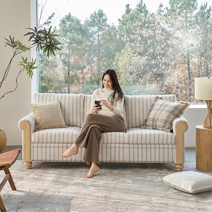 EcoHarbor Living 3-Seater Couch, Stripe 81" Mid-Century Modern Upholstered Sofa with Armrests, Stripe Couches for Living Room, Bedroom, Office, Apartment