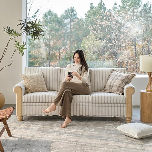 EcoHarbor Living 3-Seater Couch, Stripe 81" Mid-Century Modern Upholstered Sofa with Armrests, Stripe Couches for Living Room, Bedroom, Office, Apartment