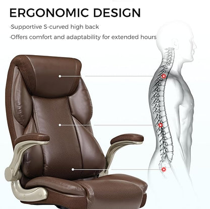 EUREKA ERGONOMIC Galene Executive Office Chair Flip Up Arm Rest, Ergonomic Desk Chair Faux Leather Computer Chair, High Back Office Chair with Headrest, Home Desk Chairs with Wheels, Brown