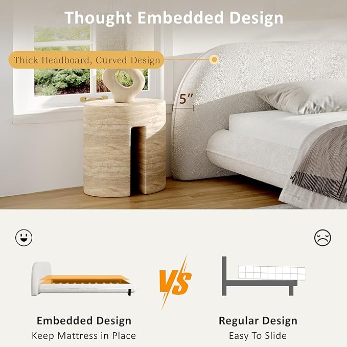 Queen Size Bed Frame, Upholstered Cloud Boucle Platform Beds Frames with Headboard, Anti-Collision Soft Rounded Corners Footboard, No Box Spring Required, Easy Assembly (29" H White, Queen)