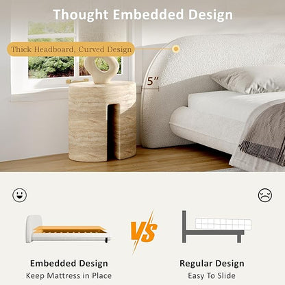 Queen Size Bed Frame, Upholstered Cloud Boucle Platform Beds Frames with Headboard, Anti-Collision Soft Rounded Corners Footboard, No Box Spring Required, Easy Assembly (29" H White, Queen)