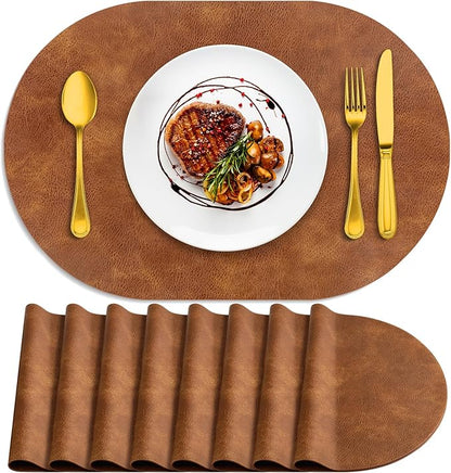 ADRIMER Placemats, Heat Resistant Oval Placemats Set of 8 Washable 12 x 17 Inch, Waterproof Table Mats, Wipeable Pu Place Mats for Kitchen, Dining Room, Turmeric Brown