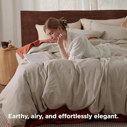 Bedsure Linen Duvet Cover Queen Size - Linen Cotton Blend Bedding Set, Soft & Cozy, 3 Pieces, 1 Duvet Cover 90x90 Inches and 2 Pillowcases, Light Khaki Color Cooling Bedding, Comforter Sold Separately