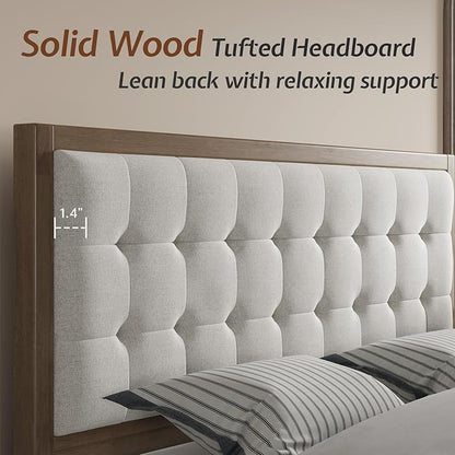 Jocisland Wood Full Size Bed Frame,Tall Upholstered Tufted Headboard, Solid Wood Platform, No Box Spring Needed, Ash Gray