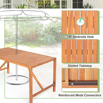 Tangkula Indoor Outdoor Acacia Wood Dining Table for 4-6 Person, Patio Rectangular Dining Table with 2 Inch Umbrella Hole and Support Bars, Outdoor Patio Table