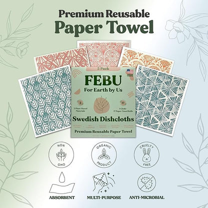 FEBU Swedish Dish Cloths 5 Pack Reusable Washable Kitchen Dish Towels, Stamps Pattern