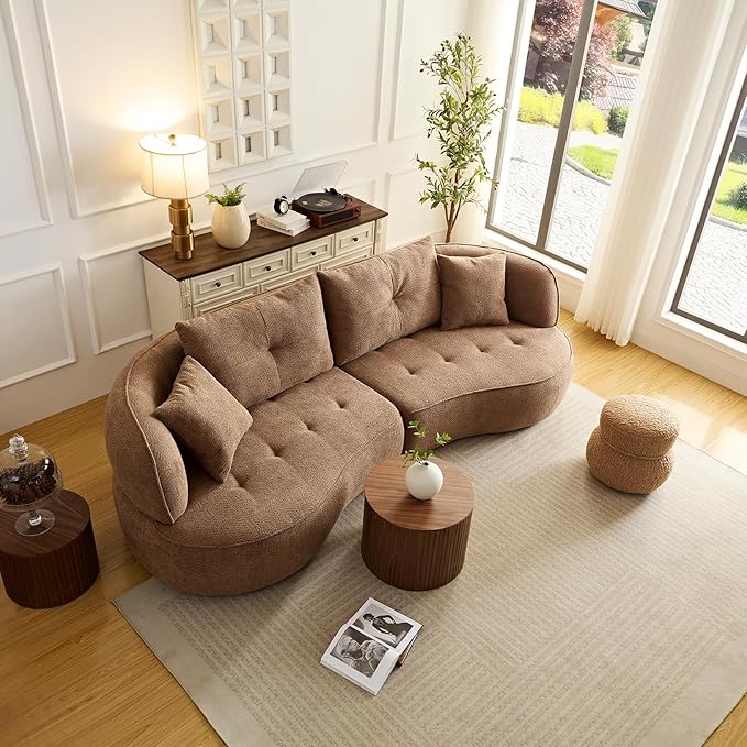 109" Modern Curved Sofa Sectional Couch, Luxury Comfy Boucle Upholstered Couches, Oversized 3 Seater Minimalist Deep Seat Modular Sofas for Living Room,Bedroom, Home Office, Apartment,Camel