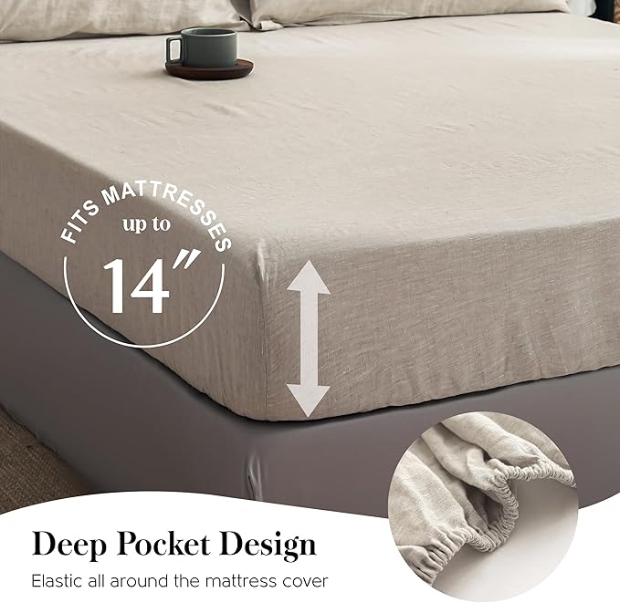 Simple&Opulence 100% Pure Linen Sheet Set King Size, Natural French Flax Solid Color 4 Pcs Washed Breathable, Farmhouse Bedding (1 Flat Sheet,1 Fitted Sheet,2 Pillowcases)-Embroidery Linen