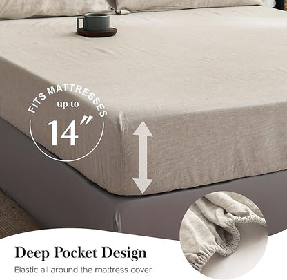 Simple&Opulence 100% Pure Linen Sheet Set King Size, Natural French Flax Solid Color 4 Pcs Washed Breathable, Farmhouse Bedding (1 Flat Sheet,1 Fitted Sheet,2 Pillowcases)-Embroidery Linen