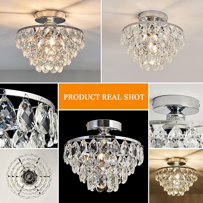 YYJLX Modern E26 Small Crystal Chandelier Semi Flush Mount Ceiling Light Fixture Silver Ceiling Lamp for Hallway Bedroom Bathroom Closet Bedroom Foyer （Chrome）