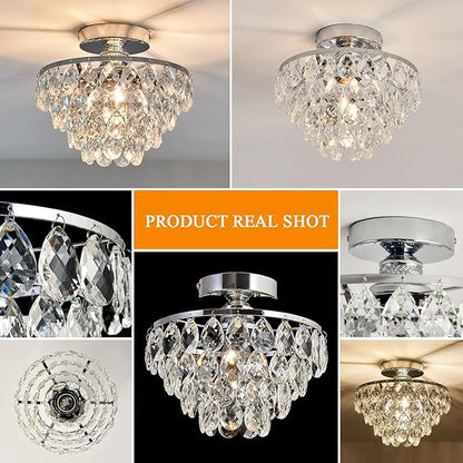 YYJLX Modern E26 Small Crystal Chandelier Semi Flush Mount Ceiling Light Fixture Silver Ceiling Lamp for Hallway Bedroom Bathroom Closet Bedroom Foyer （Chrome）