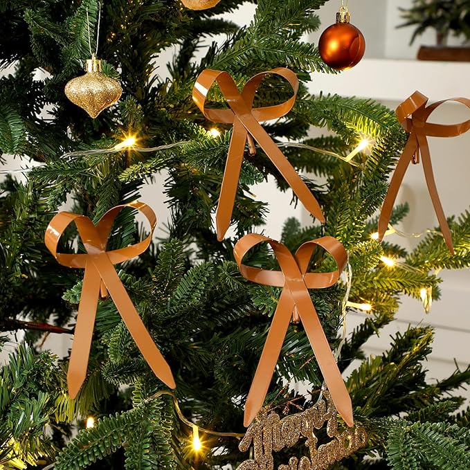 12 Pcs 2025 Metal Christmas Bow Ornaments for Christmas Tree Garland Wreath Bulk Bow with Clip Ornament Vintage Indoor Outdoor Home Xmas Party Decorations, 4 x 5 Inches (Khaki)