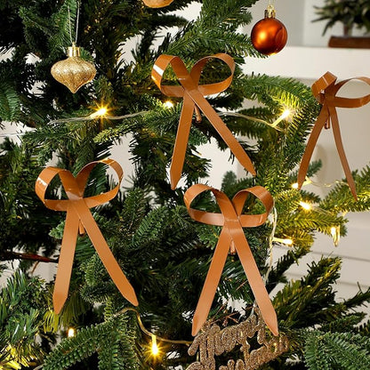 12 Pcs 2025 Metal Christmas Bow Ornaments for Christmas Tree Garland Wreath Bulk Bow with Clip Ornament Vintage Indoor Outdoor Home Xmas Party Decorations, 4 x 5 Inches (Khaki)