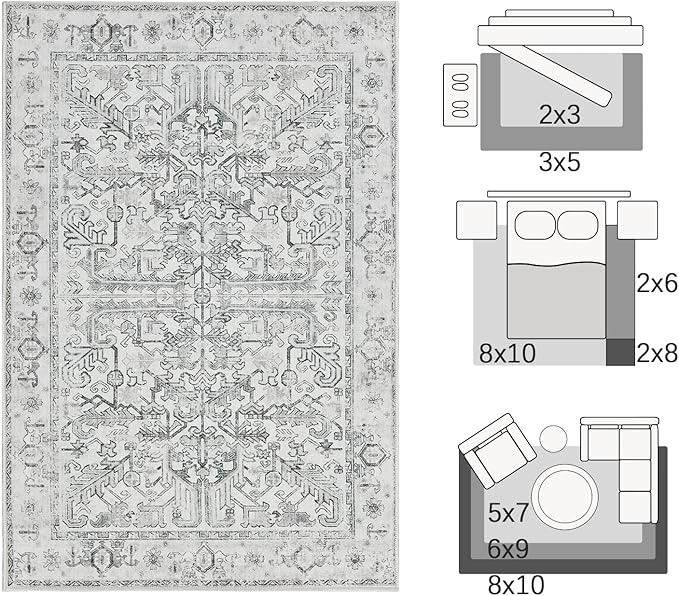 jinchan Vintage Floral Washable Runner Rug 2x10 Non-Slip Low Pile Carpet, Grey