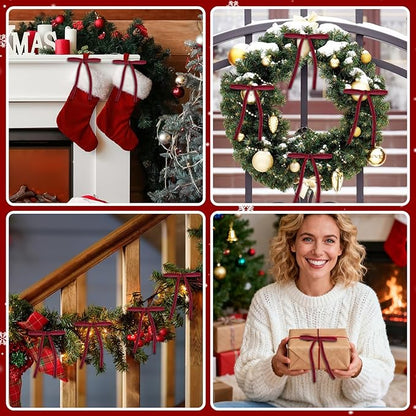 24 Pcs Red Velvet Christmas Ornaments, Rustic Velvet Bows for Christmas Tree, 5x7 Inch Pre-Tied Vintage Xmas Bows for Wreaths, Gifts and Holiday Home Décor, Ribbon Bows for Garland (3/8")